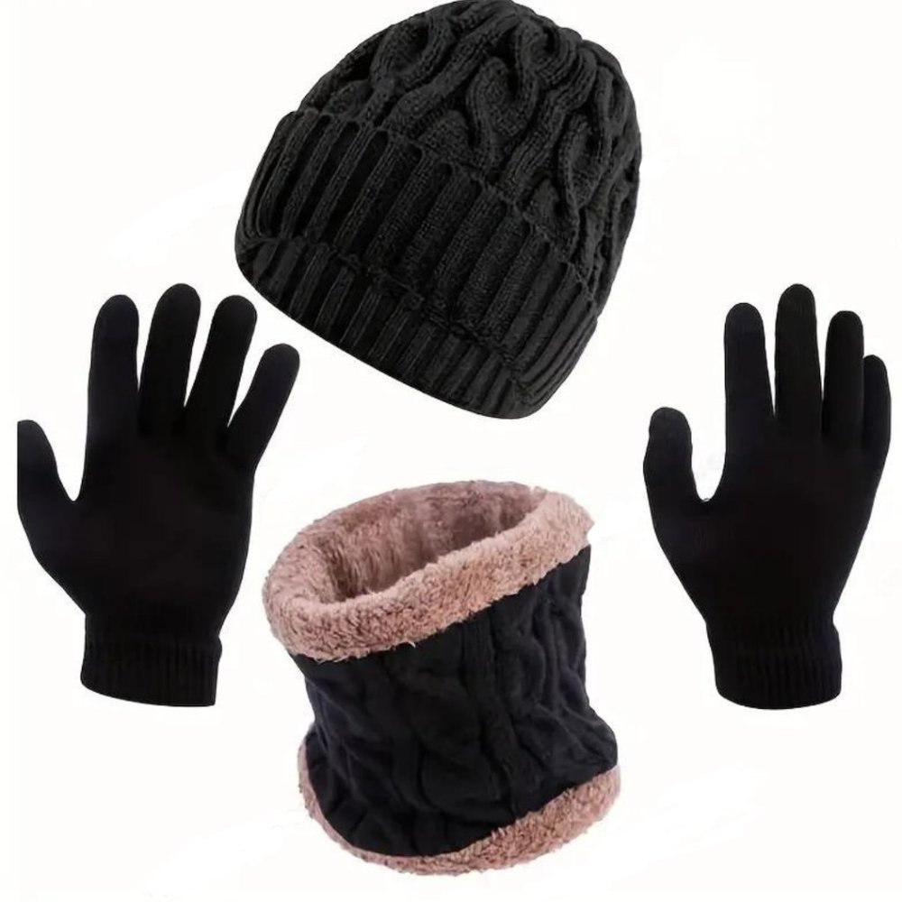 New Unisex Winter Thickened Windproof Knitted Brimles 3 Pcs